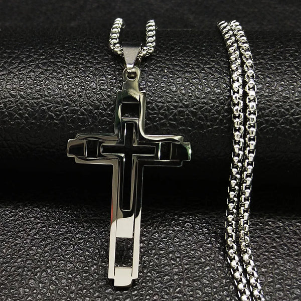 Collar con colgante de cruz de acero inoxidable para hombre, color plata