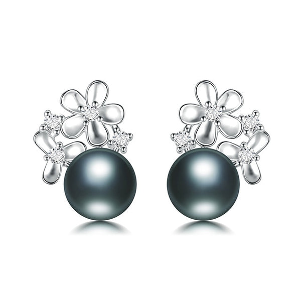 Beautiful Flower Natural Black Pearl Stud Earrings For Women