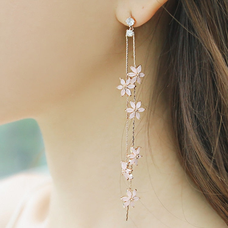 New Korean Elegant Pink Flower Super Long Earrings For Women