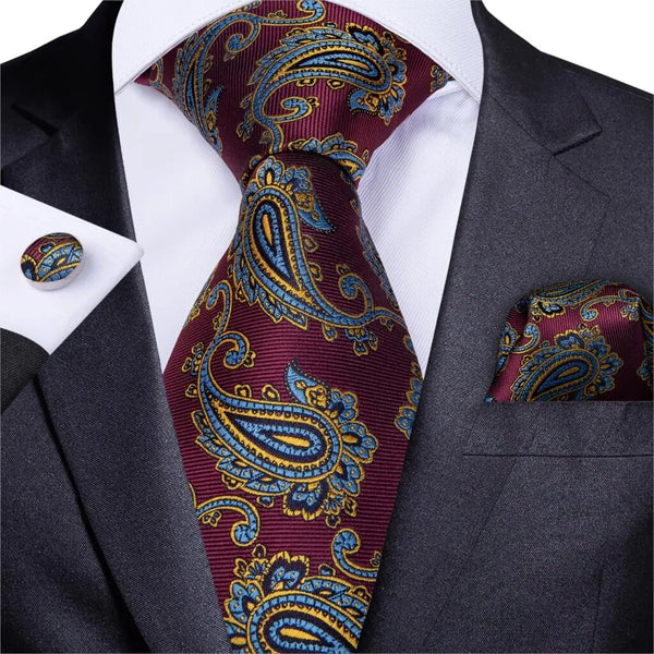 New Designer Men Necktie Red Blue Paisley Wedding Tie For Men Hanky Cufflink Silk Tie Set