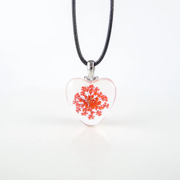 Dried Flower Loving Heart glass pendants Hand Made Long necklace for women l