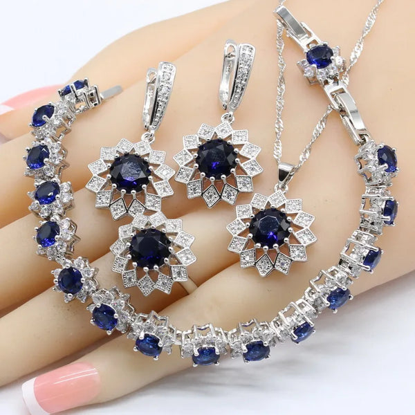 Flower Shape Blue Crystal White Zirconia Silver Color Bridal Jewelry Sets For Women