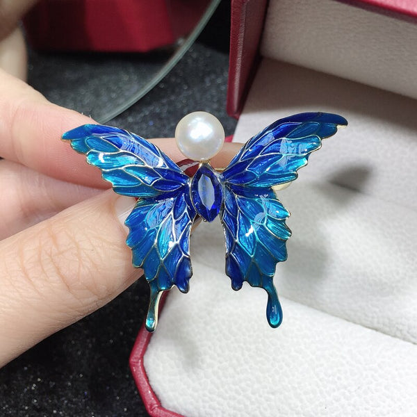 Real Natural Pearl Brooch Blue Enamel Butterfly Pearl Pins Freshwater Pearl Jewelry For Women