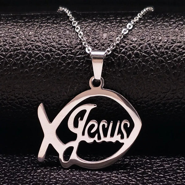 Stainless Steel Jesus Christ Male Necklaces Fish  Pendant Necklaces