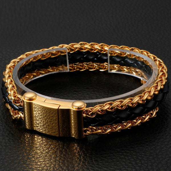 Pulsera clásica de cuero trenzado para hombre, con eslabones de cadena de acero inoxidable chapados en oro.
