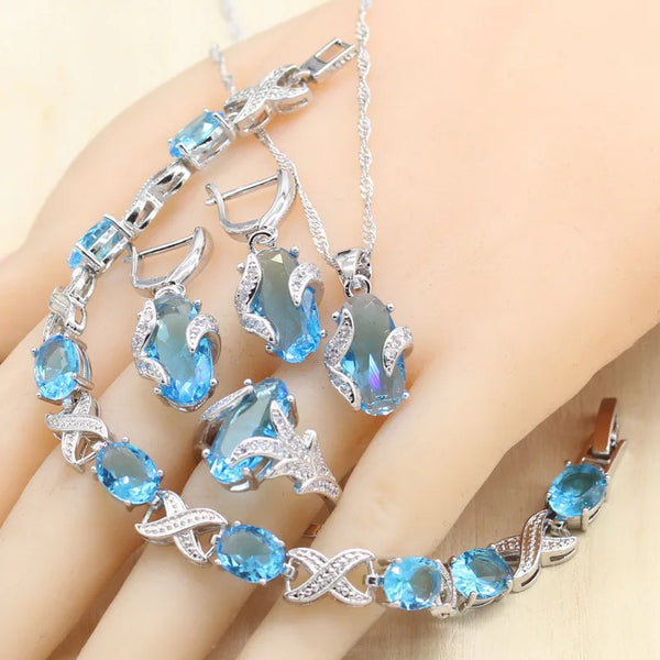 Sky Blue Semi-precious Silver Color Jewelry Sets with Bracelet For Women