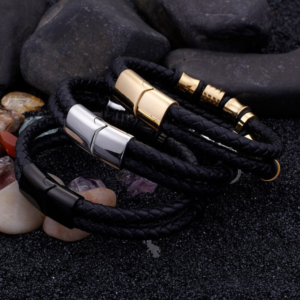 Gold Plated Stainless Steel Leather Bracelet Men Men's Leather Wrap Bracelets