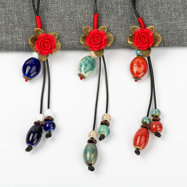 Chinese Ancient Way Flower and Ceramic Beads Necklace Jewelry DIY fashion Necklaces For Women