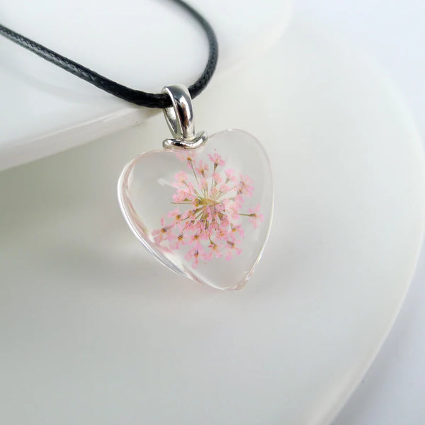 Colorful Dried Flower Loving Heart glass pendants Hand Made Long necklace for women