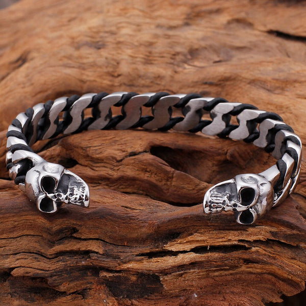 Pulsera clásica punk gótica de acero inoxidable macizo con calavera abierta para hombre y joyería de fiesta rockera.