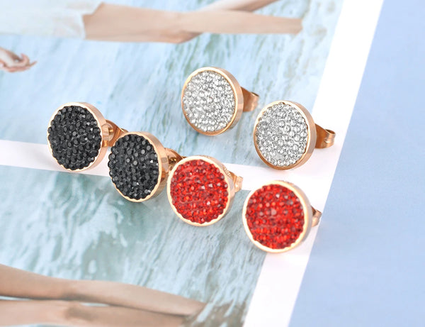 Pendientes de botón de acero inoxidable color oro rosa con cristales de arcilla de 3 colores para niñas y mujeres