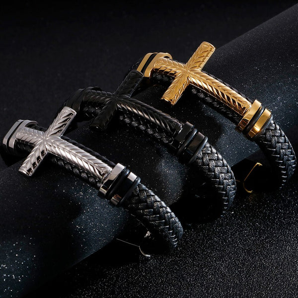 Pulsera de cuero trenzado para hombre, de acero inoxidable chapado en oro, con cruz cristiana.