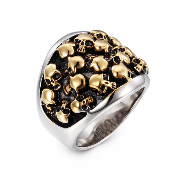 Anillos de calavera de acero inoxidable macizo chapados en oro estilo punk rock para hombre.
