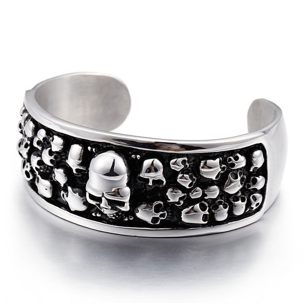 Brazalete abierto de acero inoxidable macizo con calavera para hombre