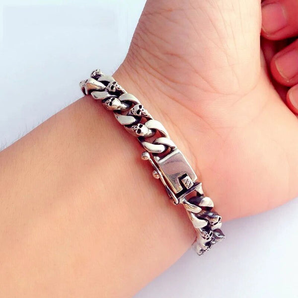 Pulsera de cadena de eslabones con calavera de 8 mm de plata de ley 925 para hombre