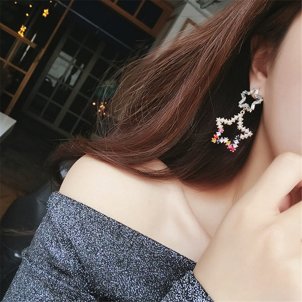 Fashion Women Earrings Long Big Crystal Star Korean Simulation Pearl Drop Dangle Earring