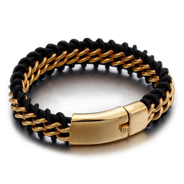 Pulsera de cuero de acero inoxidable chapada en oro para hombre