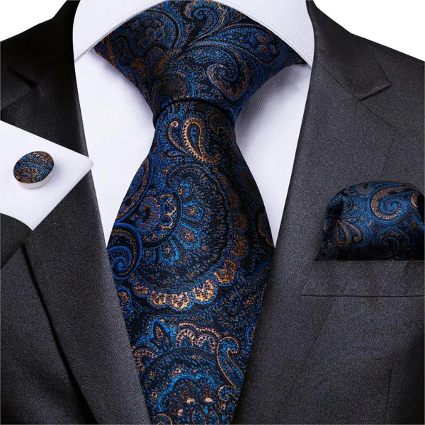 Mens Necktie Blue Gold Paisley Silk Wedding Tie For Men Handkerchief Cufflinks Set