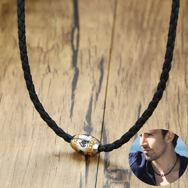 Men Necklace Black Braided Leather with Stainless Steel Beaded Choker for Men