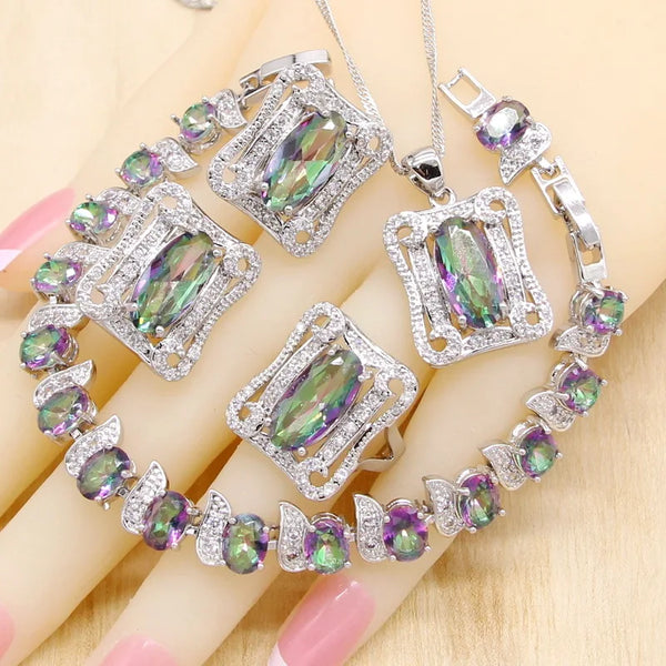 Rainbow Zirconia Silver Color Wedding Jewelry Sets for Women