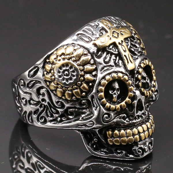 Anillo de motociclista con diseño de catacumbas de calavera de acero inoxidable color dorado gótico para hombre