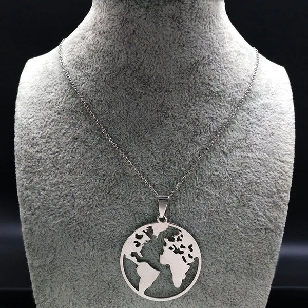 Collares de acero inoxidable con mapa del mundo de moda para mujer
