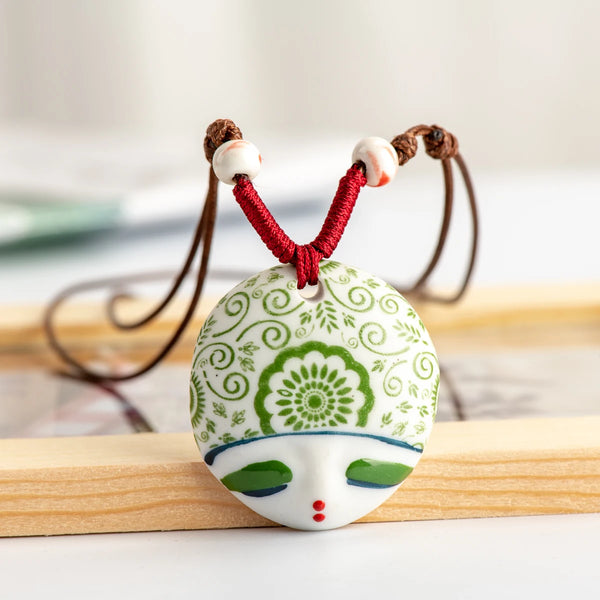 Ceramic Girl Face Pendant Retro style artware vintage ceramic beads women necklaces