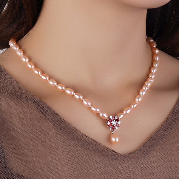 Collar de perlas rosas naturales auténticas, collar de plata de ley 925 para mujer