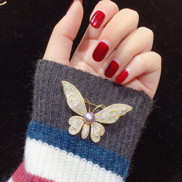 High Quality Natural Freshwater Pearl Brooch Zircon Micro Insert Butterfly Brooch