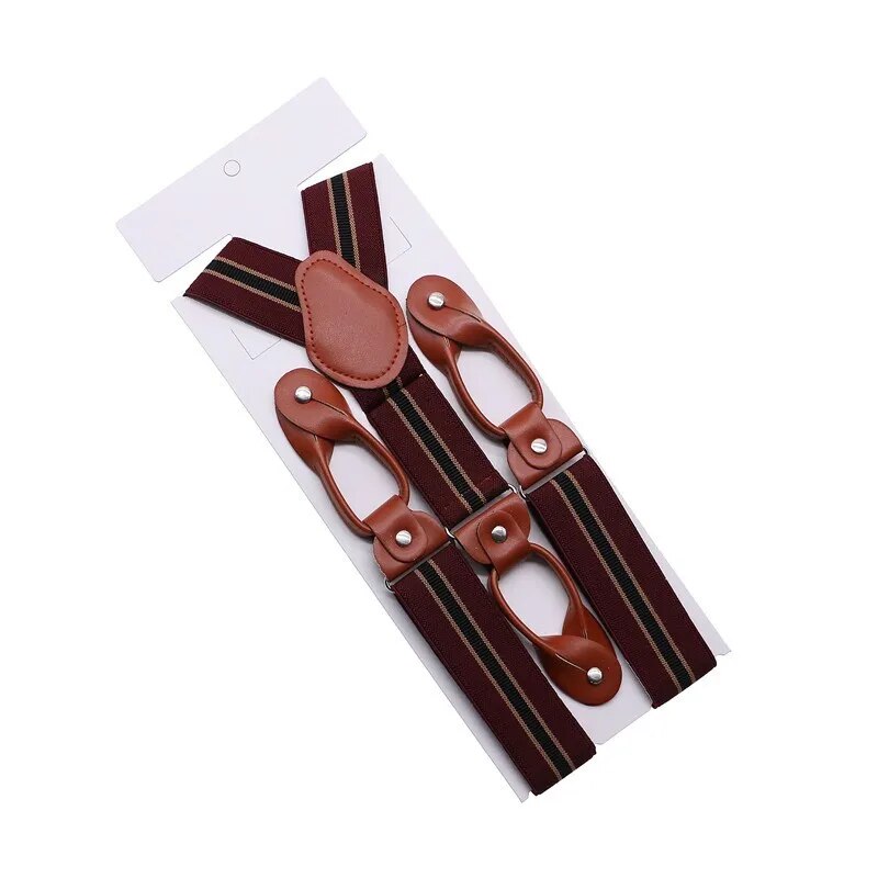 35mm Width Suspenders For Men Brown Leather Trimmed Button End Elastic Tuxedo Y Back Men