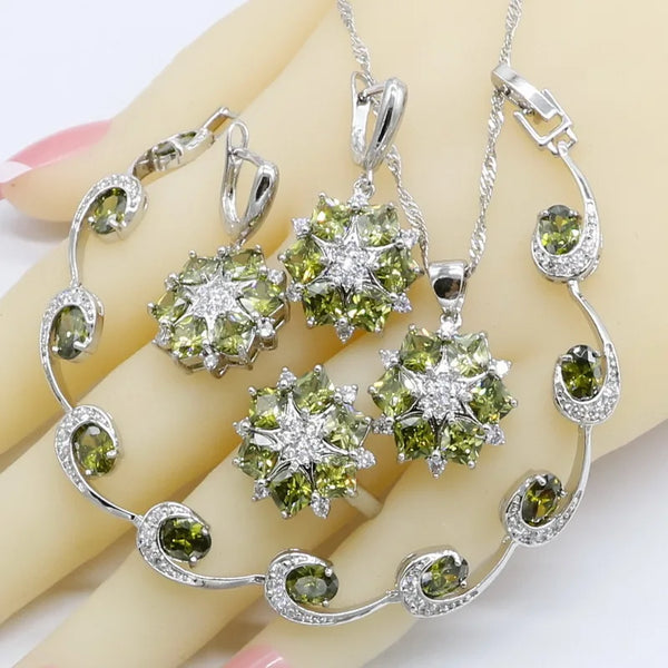 Olive Green Cubic Zirconia Silver Color Jewelry Sets For Women