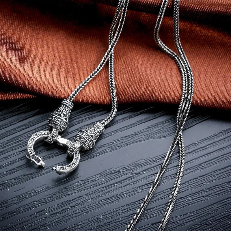 Thai Silver Long Chain Necklace for Women 925 Sterling Silver Marcasite Stone Pendant Necklaces