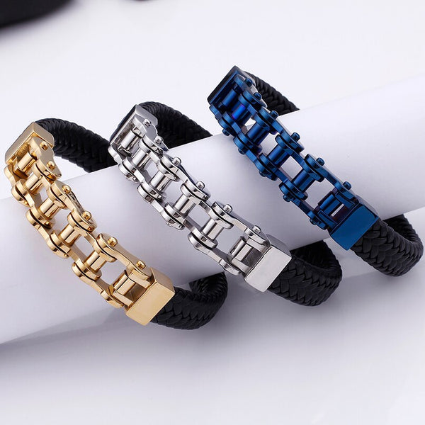 Pulsera de cadena de eslabones de bicicleta Rocker Bike para hombre, de acero inoxidable y cuero.