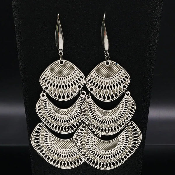 Pendientes de acero inoxidable plateados de moda para mujer, grandes y largos, étnicos.