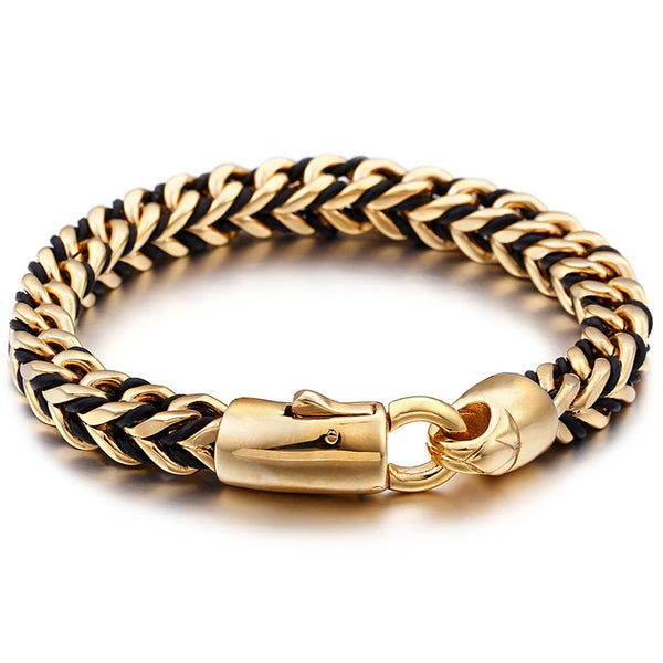 8MM Braided Leather Wrap Bracelet Men Luxury Gold Plated Stainless Steel Men's Bracelets For Men