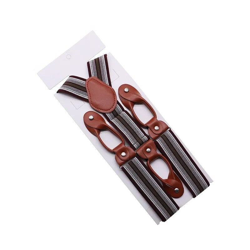 35mm Width Suspenders For Men Brown Leather Trimmed Button End Elastic Tuxedo Y Back Men