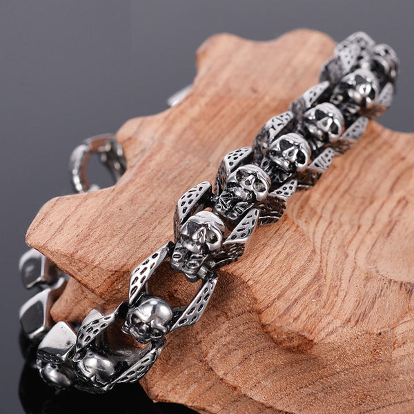 Pulsera de calavera punk rockera para hombre, de acero inoxidable 316L, resistente.