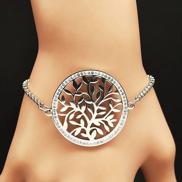 Pulseras de acero inoxidable con cristales del Árbol de la Vida para mujer, color plata