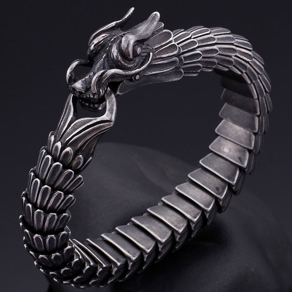 Pulsera de acero inoxidable negro con diseño de dragón para hombre