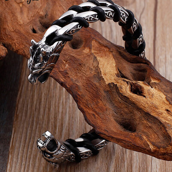 Accesorio de joyería de cuero trenzado con diseño de calavera y cabeza de dragón estilo punk rockero para hombre