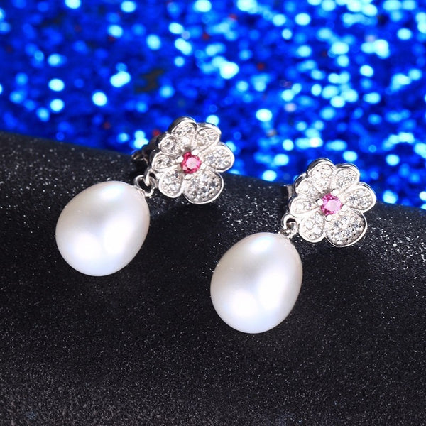 Silver Drop Pearl Earrings,Red Zircon Flower Women Earrings