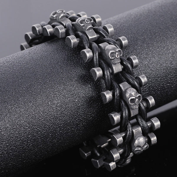 Pulsera de calavera de acero inoxidable y piel de vacuno para hombre