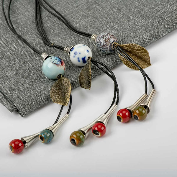 Hand-made Long Rope Ceramic Beads leaf Necklaces for women