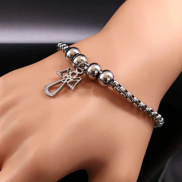 Pulsera de acero inoxidable color plata con diseño de ángel de moda para mujer