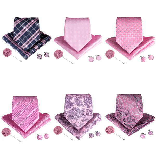 Conjunto de corbata rosa con pañuelo, gemelos y broche para hombre