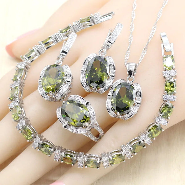 Olive Green CZ Silver Wedding Earrings Bracelet Rings Necklace Pendant Gift Box