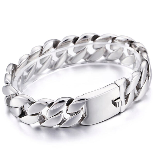 Pulseras de cadena de 18 mm de ancho para hombre, de acero inoxidable brillante y liso.