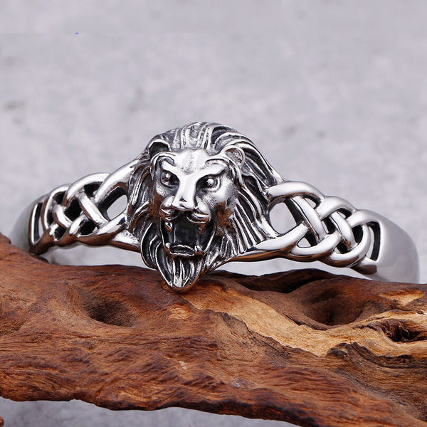 Brazalete abierto estilo punk rockero de acero inoxidable pulido con cabeza de león para hombre