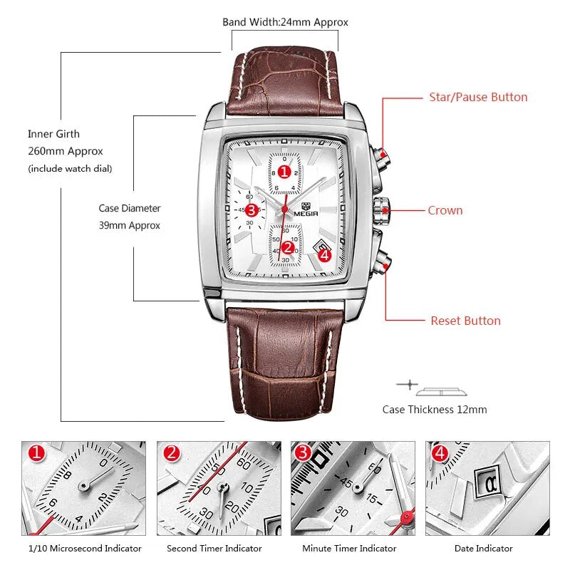 fashion casual military chronograph quartz watch men luxury waterproof analog leather wrist watch man
