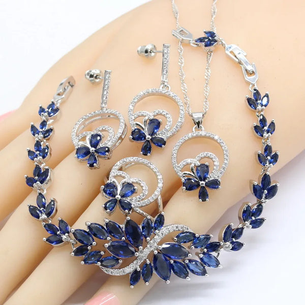 New Dark Blue Semi-precious Silver Color Jewelry Sets For Women